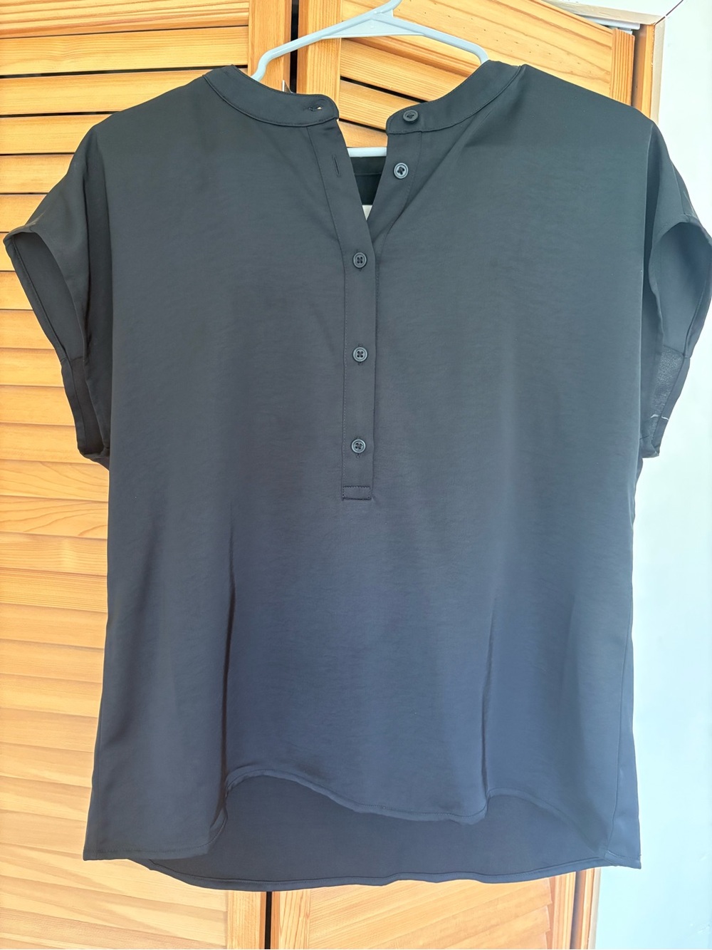 Black Button-Front Short Sleeve Satin Top